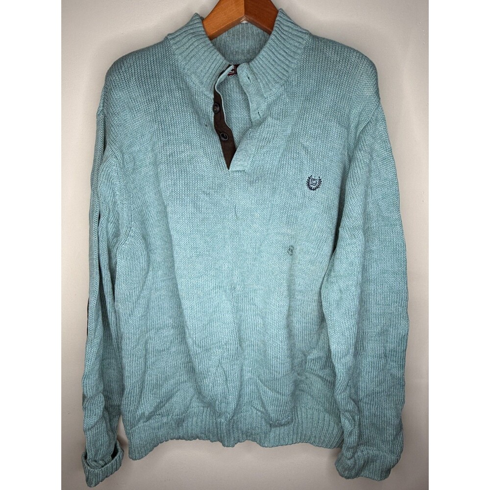 CHAPS LIGHT BLUE- GREEN SWEATER  1/4 BUTTON MOCK NECK ELBOW PATCH XXL